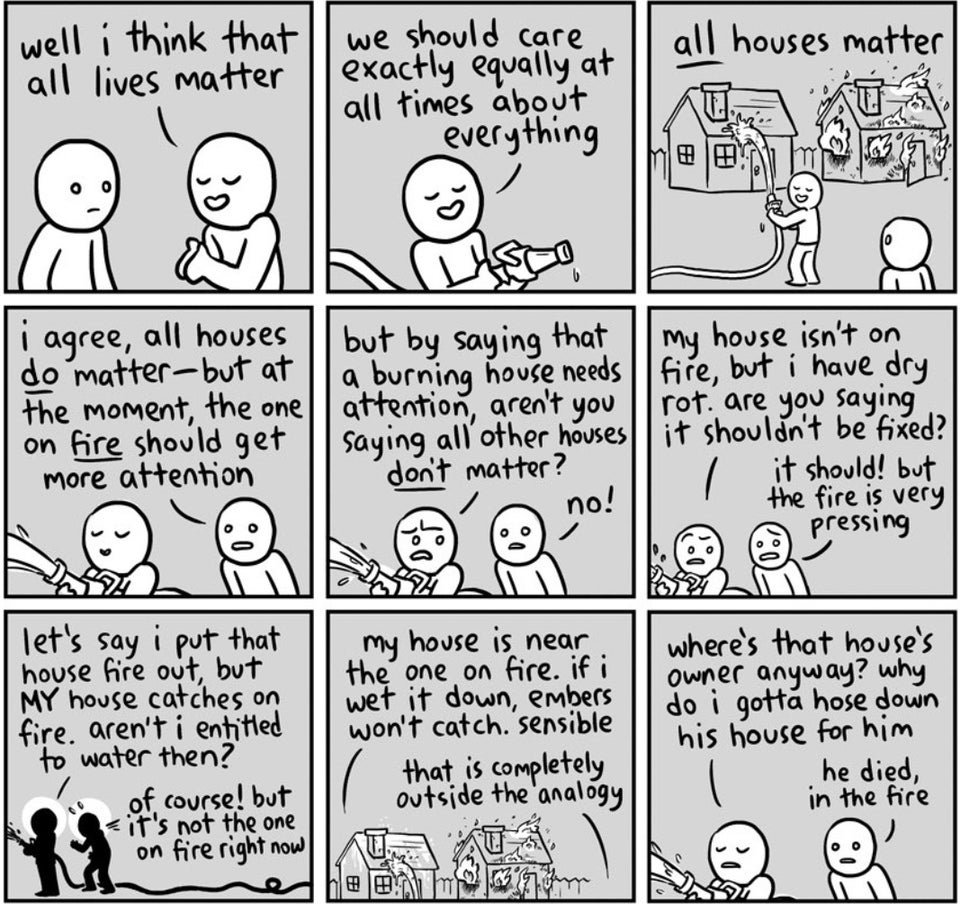 A cartoon explaining why to say that black lives matter and not use the phrase all lives matter
