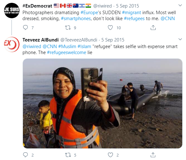 Tweet showing a refugee woman in a lifejacket taking a selfie