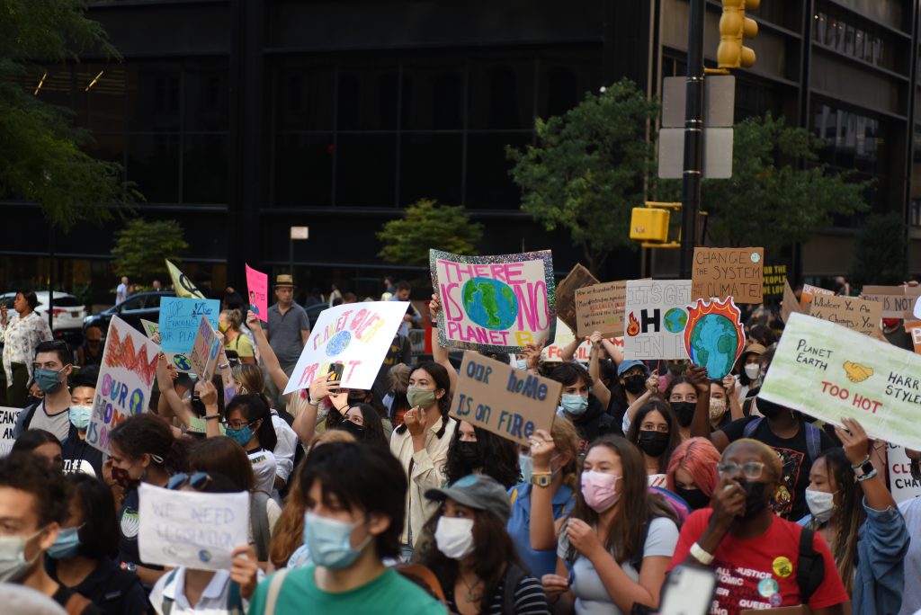 A large group of people form part of a climate march in New York City, September 2021