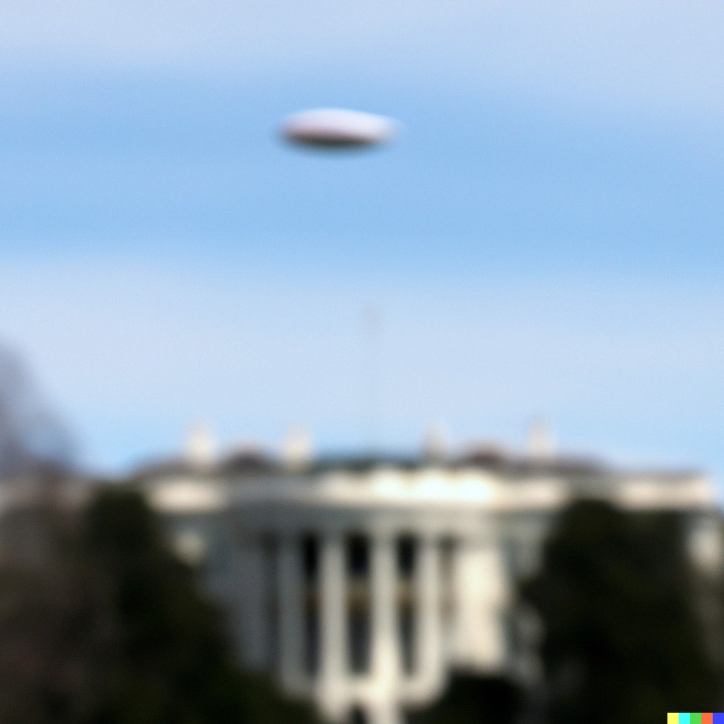 AI-generated conspiratorial looking image of a UFO flying over the White House